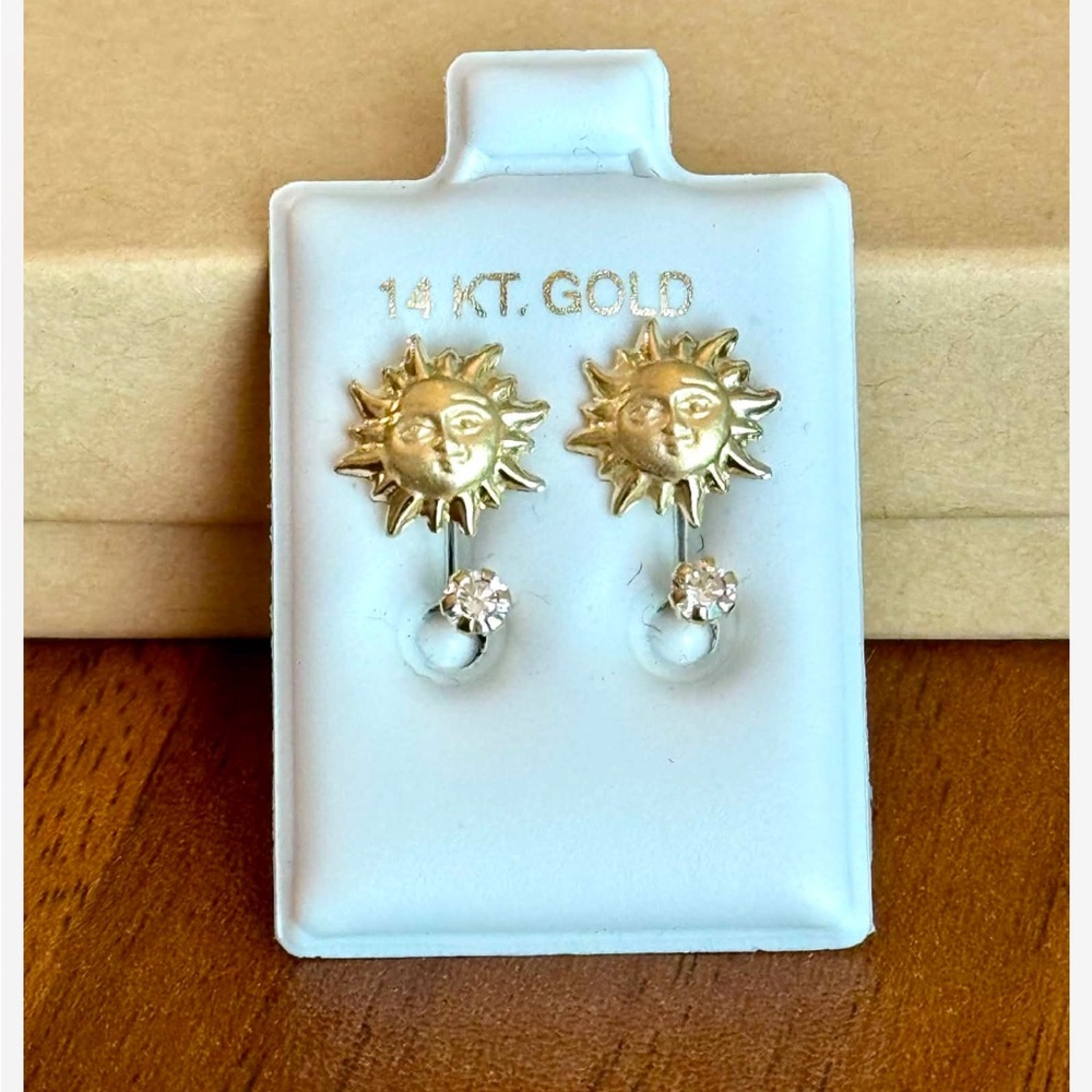 Solid Gold 14Karat Sun Telephone Cz 11X3 mm Earring